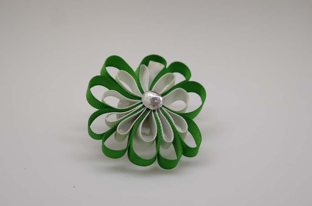 Small petal flower hair Bow with colors  Classical Green, White